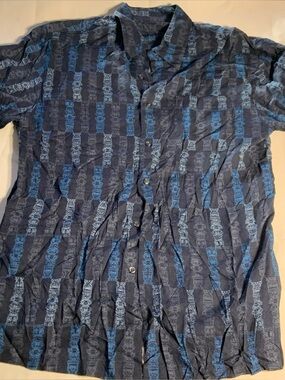 Puritan Men's Navy Short-Sleeve Button Shirt with Blue Stripe Totem Pattern
